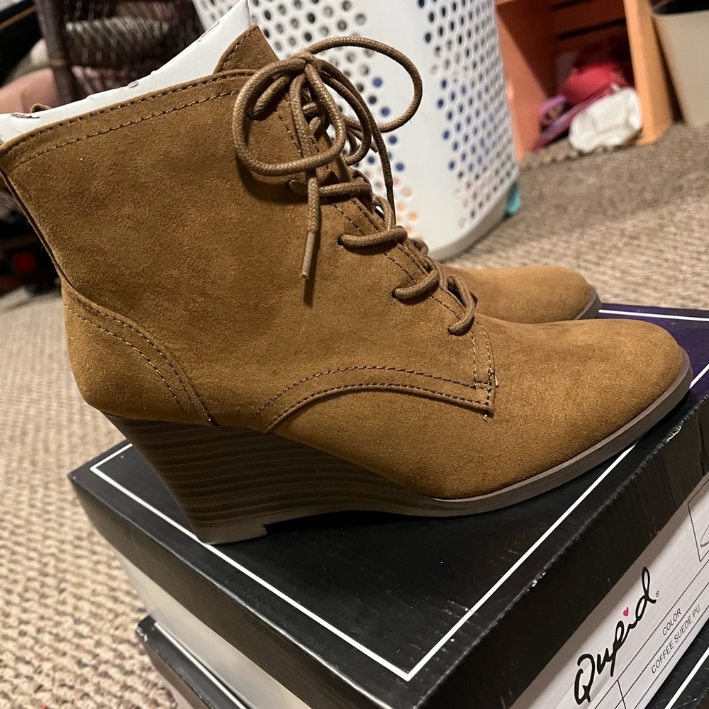 Coffee Suede Lace Booties Size 6